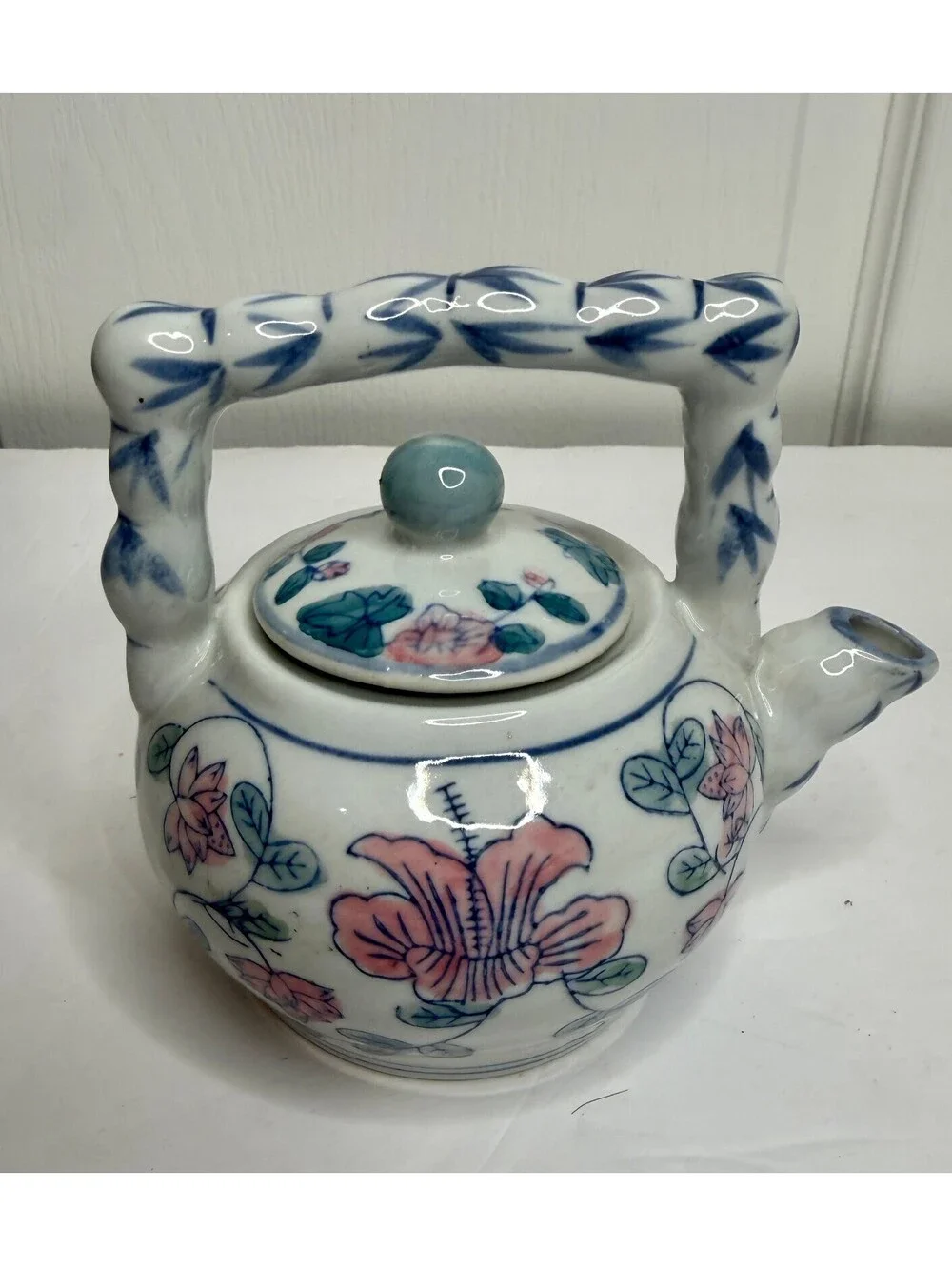 Vintage Asian Style Floral Porcelain Teapot Bamboo Style Handle